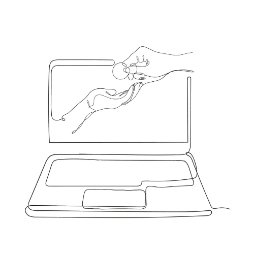 Continuous line drawing of an open laptop. The laptop screen features a hand giving a coin to another hand.