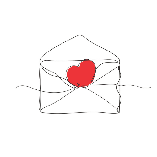 A continuous line drawing of an open envelope with a red heart coming out.