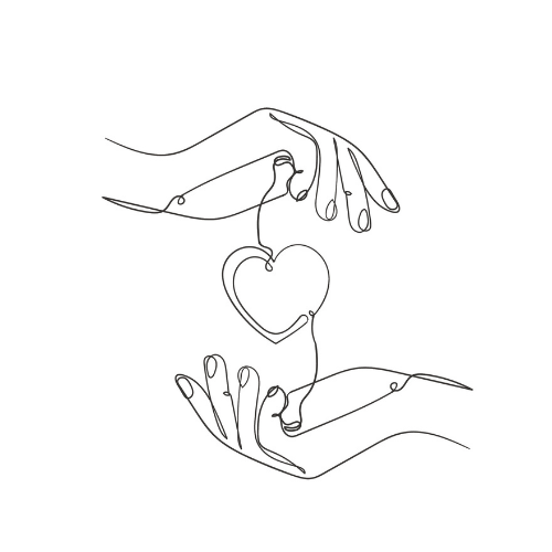 A continuous line drawing of two hands and a heart in the middle.