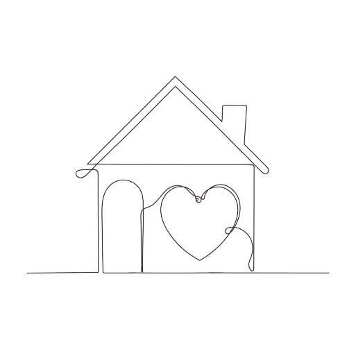 A continuous line drawing of a house with a window in the shape of a heart.